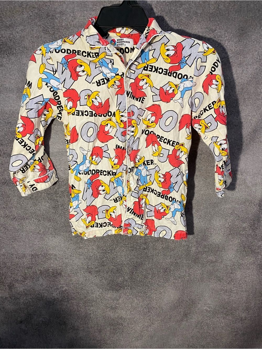 Vintage Woody Woodpecker Printed Button-Up Shirt - Red Yellow Blue on Cream